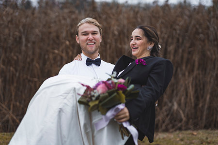 Bride and Groom autumn park. High quality photoの写真素材