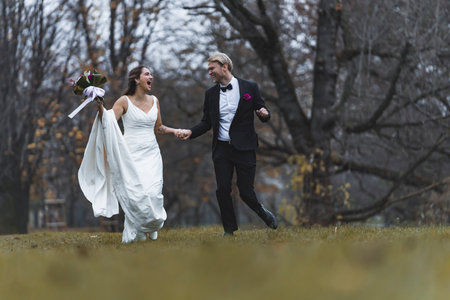 Bride and Groom autumn park. High quality photoの写真素材
