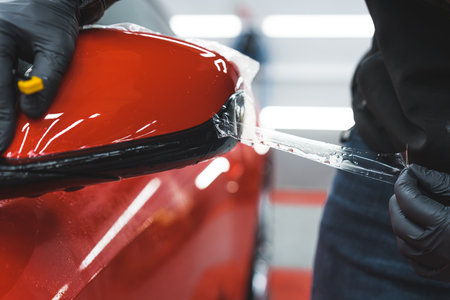 Extreme closeup shot of professional car detailing expert applying or removing transparent foil from a red car. Blurred background. High quality photoの写真素材