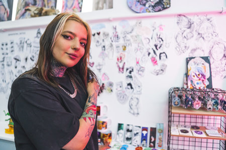 nice-looking young tattoo artist girl at her job, a wall full of tattoo sketches in the background. High quality photoの写真素材