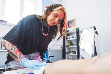 pretty tattoo master drawing on a womans leg, Freehand technique, tattoo studio. High quality photoの写真素材