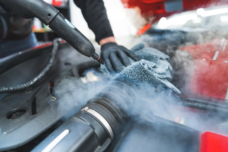 Closeup shot of car detailing process. Car washing cleaning engine. Cleaning car using steam. Steam engine washing. . High quality photoの写真素材