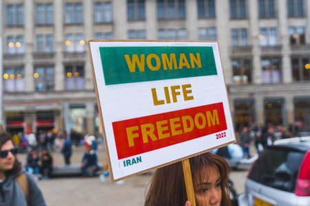 04.18.2023 Amsterdam, Netherlands. Woman, life, freedom. Solidarity with Iranian women. Protest in the Netherlands. High quality photoのeditorial素材
