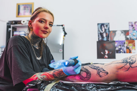 Confident female tattoo artist looking at camera while working on a new project. Tattooing studio interior. High quality photoの写真素材