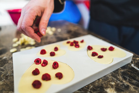 Valentines Day gift concept. Hand of chef crefully placing raspberries on white chocolate chunks in heart-shaped moulds. CLoseup shot of handmade white chocolate isolated on kitchen working space. High quality photoの写真素材