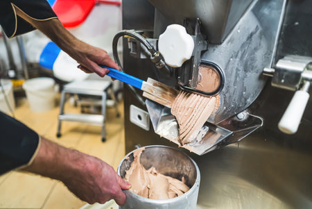 Ice making concept. Indoors closeup shot of professional worker using ice cream maker and gathering...
