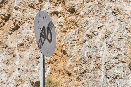 08.20.2023. Crete, Greece. A traffic sign: end maximum speed limit 40. Speed rise on road.End of 40...