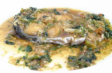 fried fish with chili sauceの写真素材