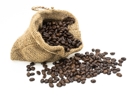 coffee beans in bag, isolated on whiteの写真素材