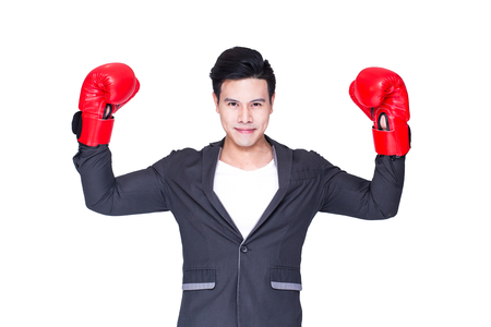 Asian businessman wear red glove, business concept, isolated on white background.の写真素材