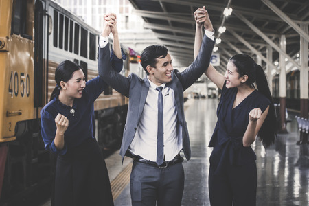 Businesspeople with happy emotion when team success for work, people with successful concept.