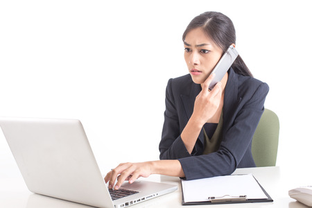 Asian Woman using smartphone for work, Woman busy concept, Isolated on white background.の写真素材