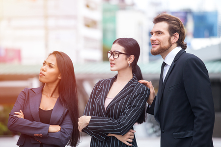 Businessman looking for direction plan with team. People thinking for business project with team. Business people  working concept.の写真素材