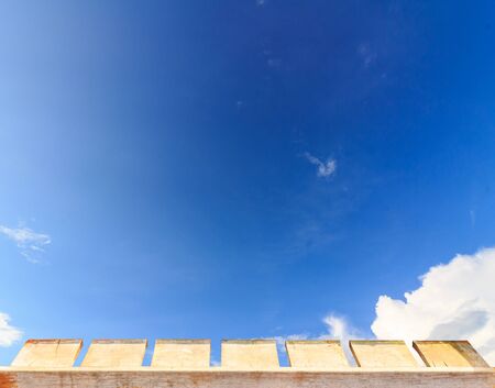 old wood table and Nice white cloud on the sky backgroundの写真素材