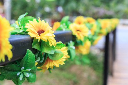 Row of artificial colorful yellow flowers against nature backgroundの写真素材