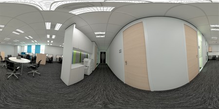 3d illustration spherical 360 vr degrees, a seamless panorama of the office meeting room and...