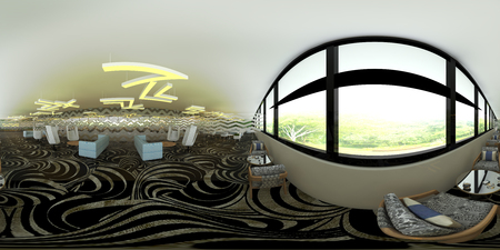 3d illustration spherical 360 vr degrees, a seamless panorama of the room and office interior design...
