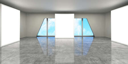 3D rendering of an empty room with windows and blue sky.