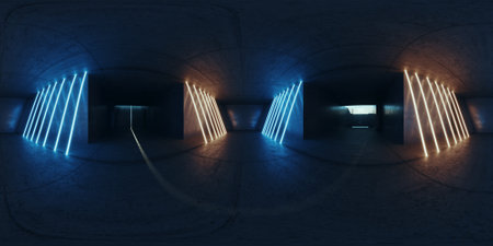 3d illustration spherical 360 vr degrees, a seamless panorama of the room yber Neon Sci Fi...