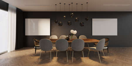 living room Minimal style mock up poster frame interior background, living room, 3D render, 3D illustrationの写真素材