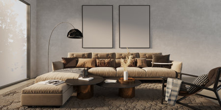 living room Minimal style mock up poster frame interior background, living room, 3D render, 3D illustrationの写真素材