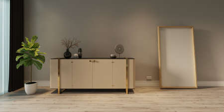 living room Minimal style mock up poster frame interior background, living room, 3D render, 3D illustrationの写真素材