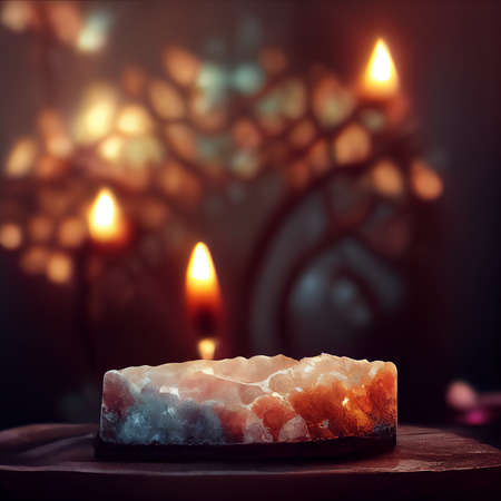 Candle in the shape of a crystal on a dark background.の写真素材