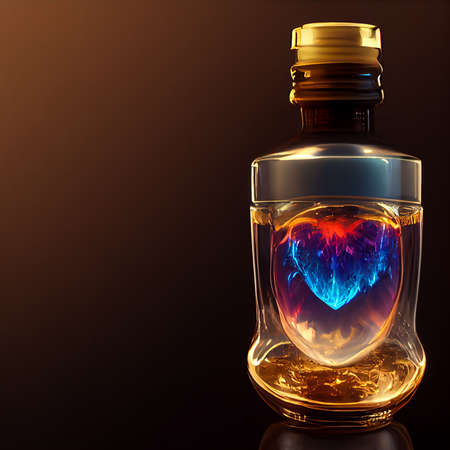 3d rendering of a heart in a bottle on a dark background