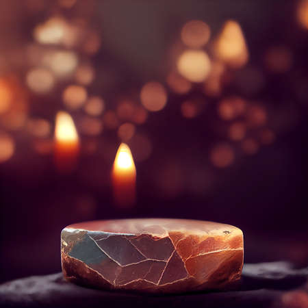Natural stone podium with burning candle on dark background, closeup. Space for textの写真素材