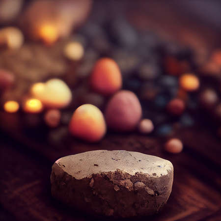 Easter composition with eggs and candles on a wooden board. Selective focus.の写真素材