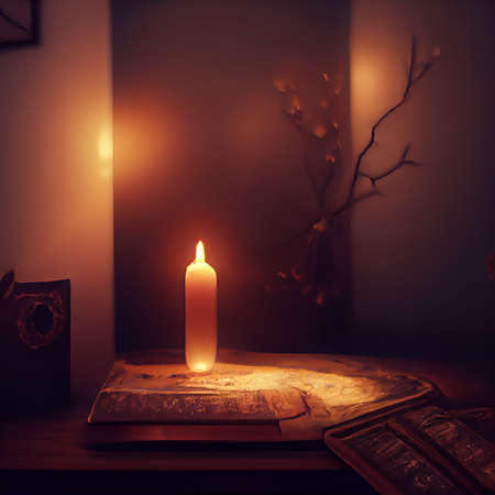 Candle on the book in the dark room. 3d renderingの写真素材