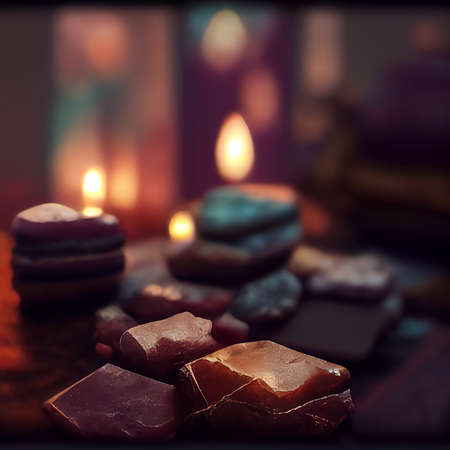 Spa still life with candles, stones and soap on wooden backgroundの写真素材