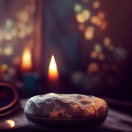 Burning candle in a vase on a dark background. Selective focus.の写真素材