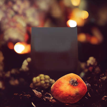 Autumn still life with autumn leaves and a black blank card.
