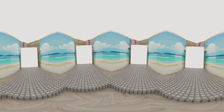 3d render gallery room illustration spherical 360 vr degrees, a seamless panorama of flower...