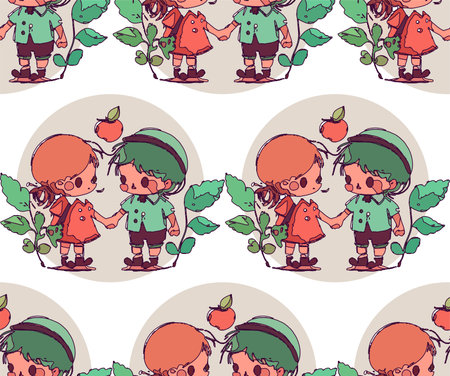 Seamless pattern with children and vegetables. Cute cartoon kids.のイラスト素材