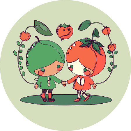 Cute little boy and girl holding hands in the garden. Vector illustrationのイラスト素材