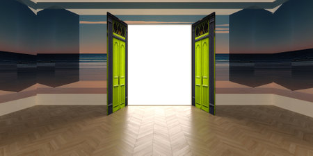 3D rendering of a room with open door to the sea.