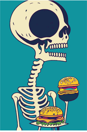 Skeleton and hamburgers on blue background. Vector illustration.
