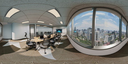 3D rendering of modern office interior with panoramic city view