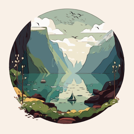 Mountain landscape with lake and boat.  illustration in flat styleの写真素材