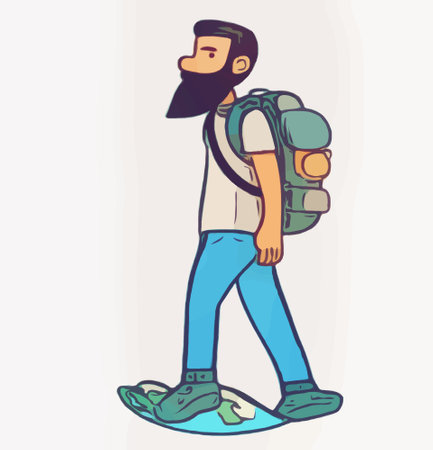 illustration of a bearded man with a backpack walking on the road.の写真素材