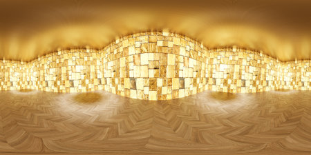 Abstract 3d render of a room with wooden floor and glowing cubes.の写真素材