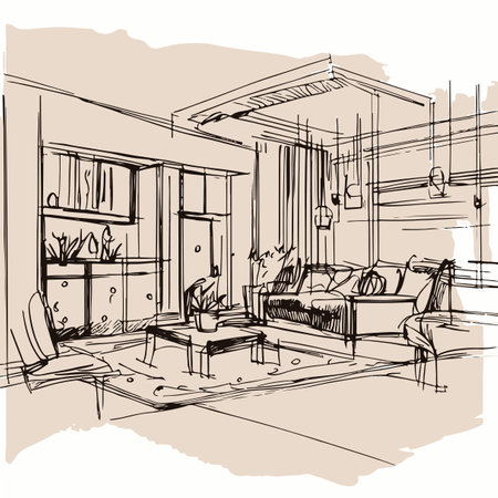 interior sketch of the living room, vector illustration, hand drawingのイラスト素材