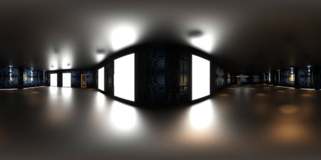 3D rendering of a corridor with windows and lights in the darkの写真素材