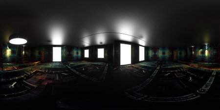 3D rendering of the interior of a dark room with glowing lamps