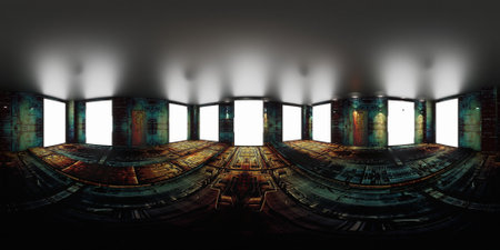 3D rendering of an old spaceship interior with a large window.の写真素材