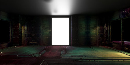 Futuristic corridor with door to the future. 3D rendering
