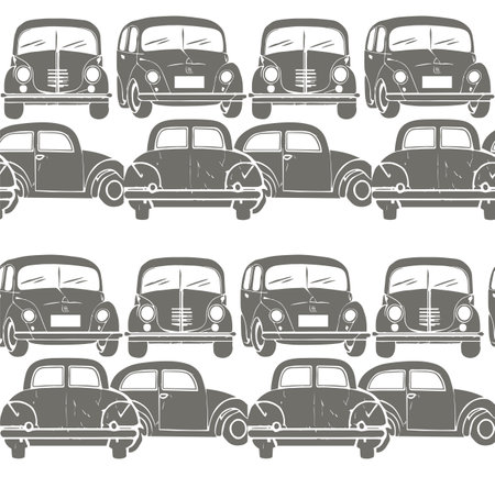 Seamless pattern with retro cars. Vector illustration. Black and white.のイラスト素材
