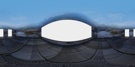 3d render of a futuristic building with a circular frame in the middleの写真素材